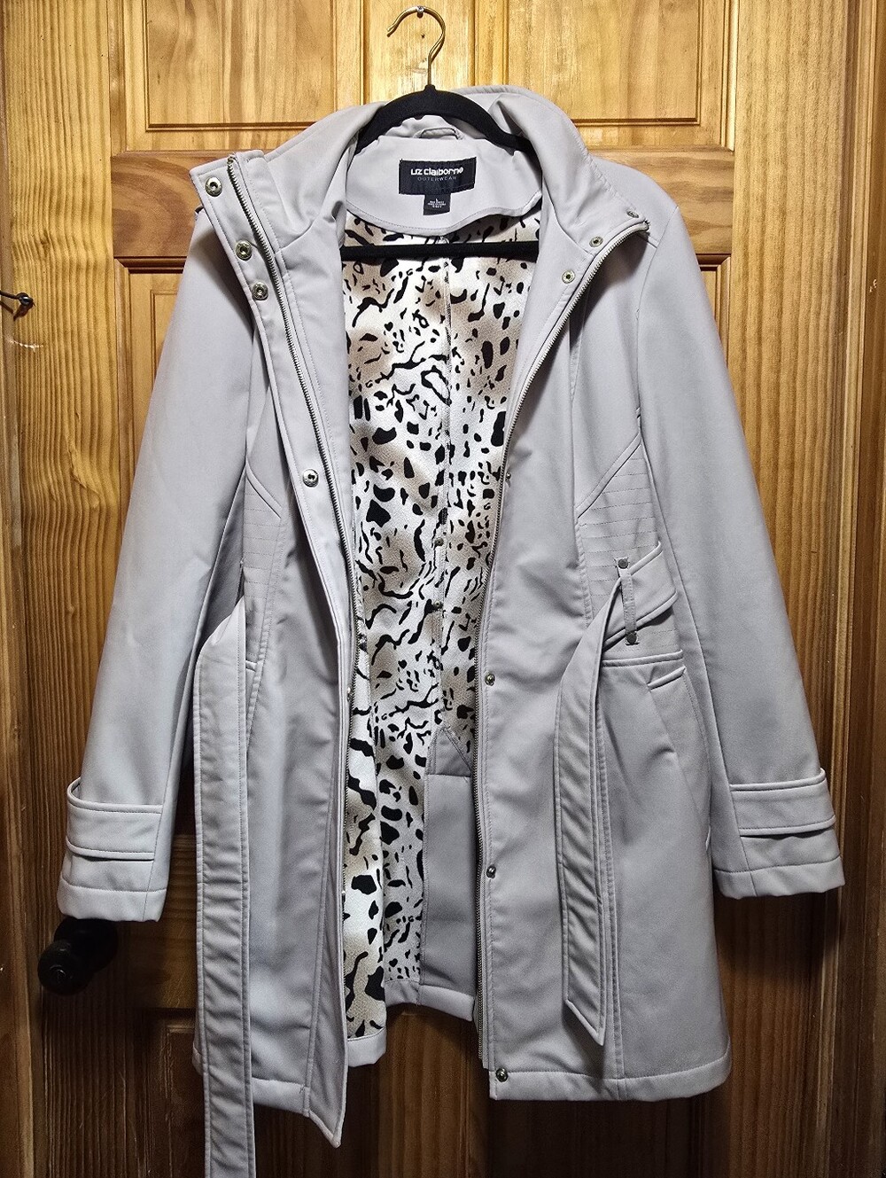 Liz Claiborne Hooded Trench Coat Lg Animal Print - Picture 2 of 8
